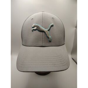 Puma Mens Stretch Fit Ripstop Baseball Hat Grey Teal Blue Logo S/M Cap